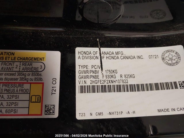 Продаж на аукціоні авто 2022 Honda Civic Lx, vin: 2HGFE2F2XNH107822, номер лоту: 20251566