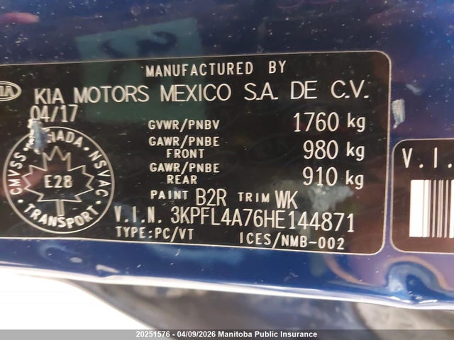 2017 Kia Forte Lx მანქანა იყიდება აუქციონზე, vin: 3KPFL4A76HE144871, აუქციონის ნომერი: 20251576