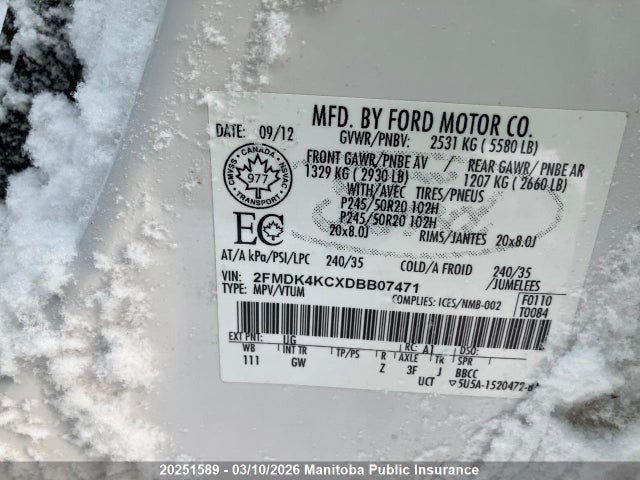 2013 Ford Edge Limited მანქანა იყიდება აუქციონზე, vin: 2FMDK4KCXDBB07471, აუქციონის ნომერი: 20251589