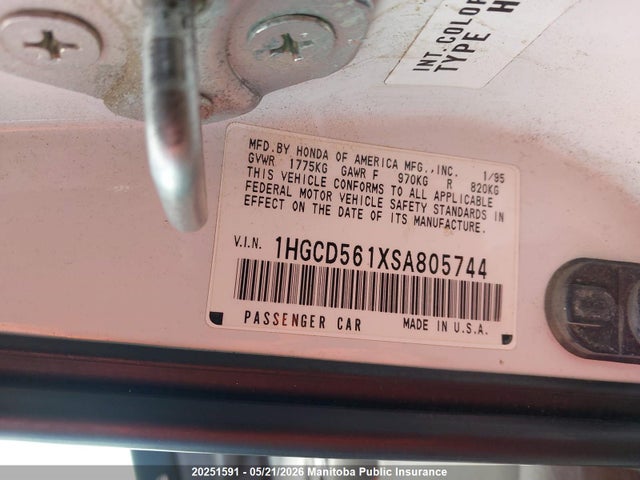 20251591 :رقم المزاد ، 1HGCD561XSA805744 vin ، 1995 Honda Accord Lx مزاد بيع