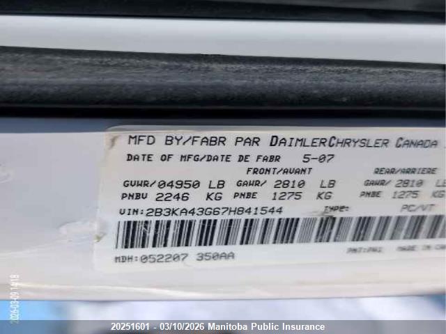 Aukcja sprzedaży 2007 Dodge Charger Sxt, vin: 2B3KA43G67H841544, numer aukcji: 20251601