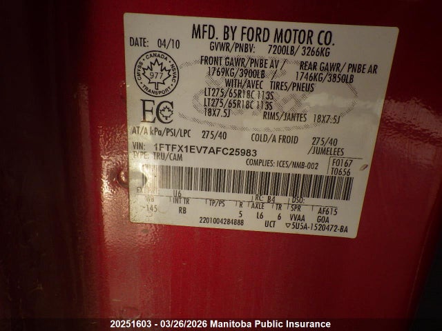 20251603 :رقم المزاد ، 1FTFX1EV7AFC25983 vin ، 2010 Ford F150 Fx4 Supercab مزاد بيع