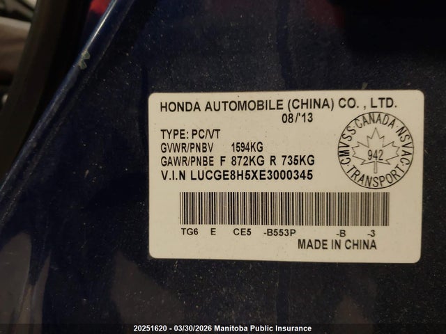 LUCGE8H5XE3000345 Honda FIT LX