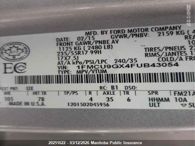 1FMCU9GX4FUB43054 Ford ESCAPE SE