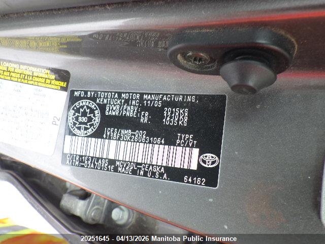 2006 Toyota Camry Xle V6 მანქანა იყიდება აუქციონზე, vin: 4T1BF30K26U631064, აუქციონის ნომერი: 20251645