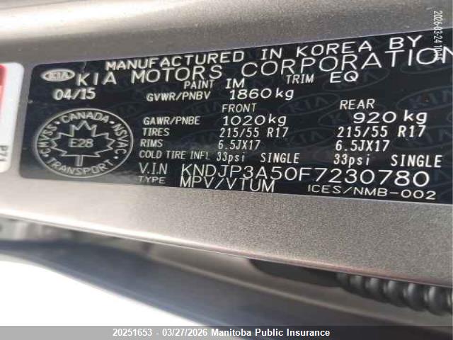 20251653 :رقم المزاد ، KNDJP3A50F7230780 vin ، 2015 Kia Soul Ex مزاد بيع