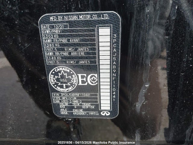20251656 :رقم المزاد ، 3PCAJ5AB9NF110441 vin ، 2022 Infiniti Qx50 Essential 2.0t مزاد بيع