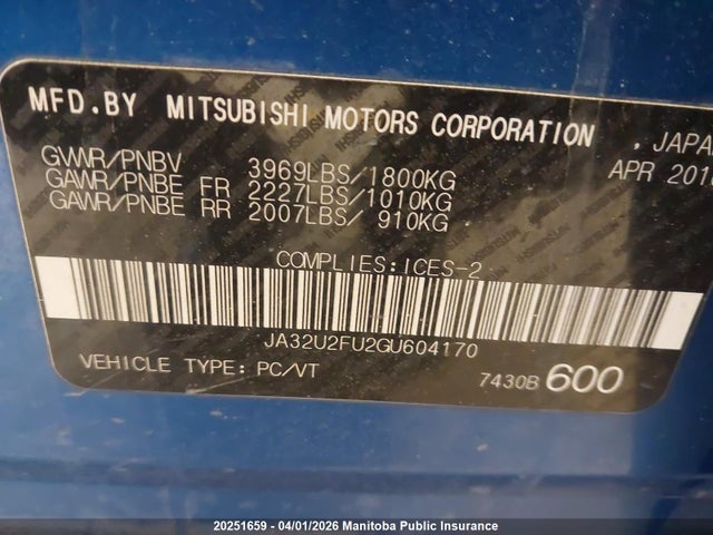 Aukcja sprzedaży 2016 Mitsubishi Lancer Limited, vin: JA32U2FU2GU604170, numer aukcji: 20251659