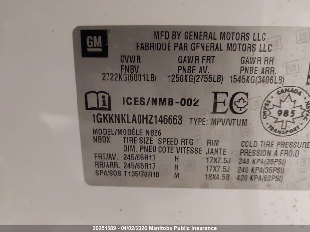1GKKNKLA0HZ146663 GMC ACADIA SLE