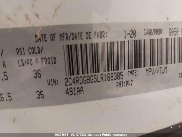 Aukcja sprzedaży 2020 Dodge Grand Caravan Se, vin: 2C4RDGBG5LR168385, numer aukcji: 20251691
