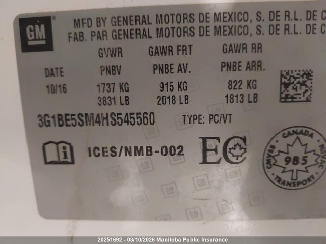 Продажа на аукционе авто 2017 Chevrolet Cruze Lt Turbo, vin: 3G1BE5SM4HS545560, номер лота: 20251692