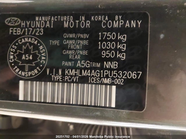 20251702 :رقم المزاد ، KMHLM4AG1PU532067 vin ، 2023 Hyundai Elantra Preferred مزاد بيع