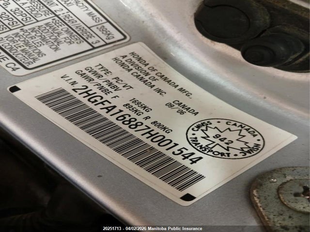 Продаж на аукціоні авто 2007 Honda Civic Ex, vin: 2HGFA16887H001544, номер лоту: 20251713