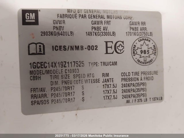Aukcja sprzedaży 2009 Chevrolet Silverado 1500 Wt, vin: 1GCEC14X19Z117525, numer aukcji: 20251775