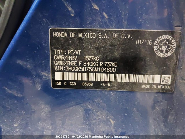 3HGGK5H75GM104600 Honda FIT EX