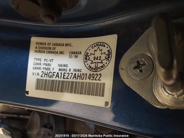 20251818 :رقم المزاد ، 2HGFA1E27AH014922 vin ، 2010 Honda Civic Dx مزاد بيع