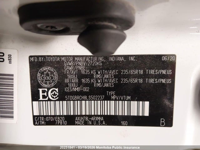 Aukcja sprzedaży 2020 Toyota Highlander Hybrid Xle, vin: 5TDGBRCH8LS502237, numer aukcji: 20251841