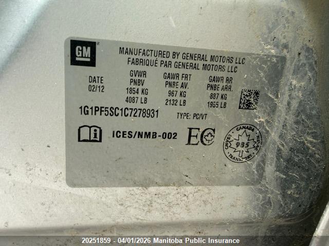 20251859 :رقم المزاد ، 1G1PF5SC1C7278931 vin ، 2012 Chevrolet Cruze Lt Turbo مزاد بيع