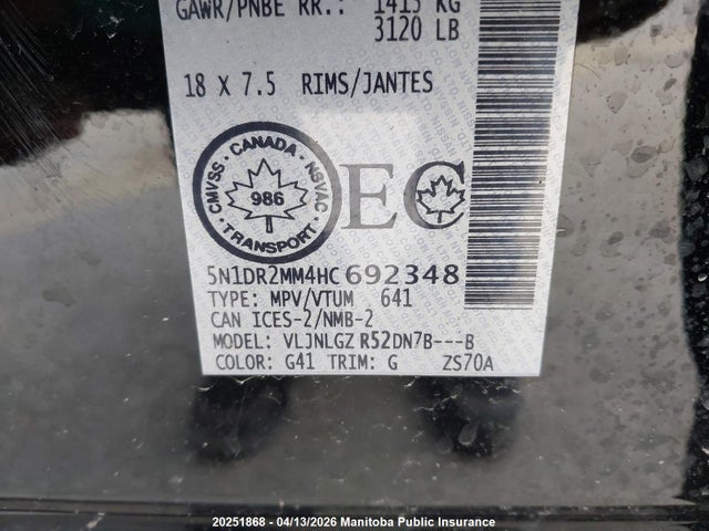 Aukcja sprzedaży 2017 Nissan Pathfinder Sl, vin: 5N1DR2MM4HC692348, numer aukcji: 20251868