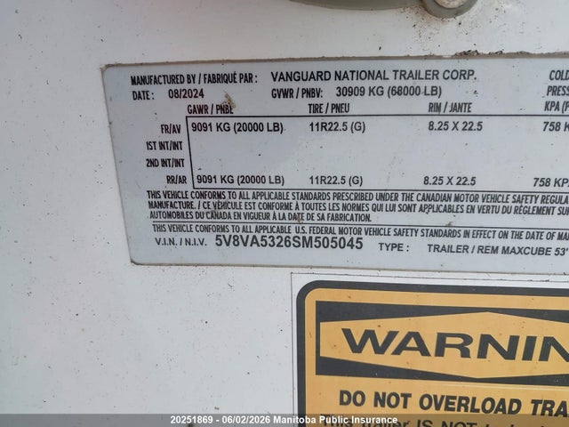 20251869 :رقم المزاد ، 5V8VA5326SM505045 vin ، 2025 Semi-trailer Vanguard مزاد بيع