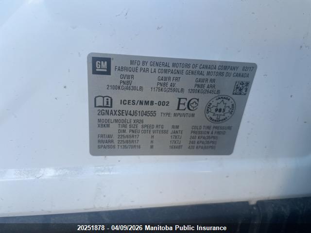 2018 Chevrolet Equinox Lt მანქანა იყიდება აუქციონზე, vin: 2GNAXSEV4J6104555, აუქციონის ნომერი: 20251878