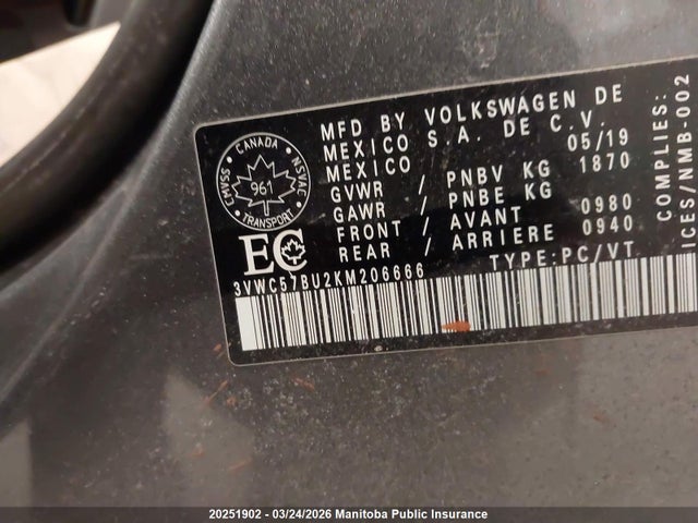 3VWC57BU2KM206666 Volkswagen Jetta 1.4 Tsi