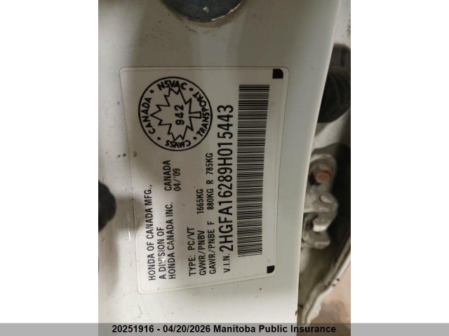 Aukcja sprzedaży 2009 Honda Civic Dx, vin: 2HGFA16289H015443, numer aukcji: 20251916