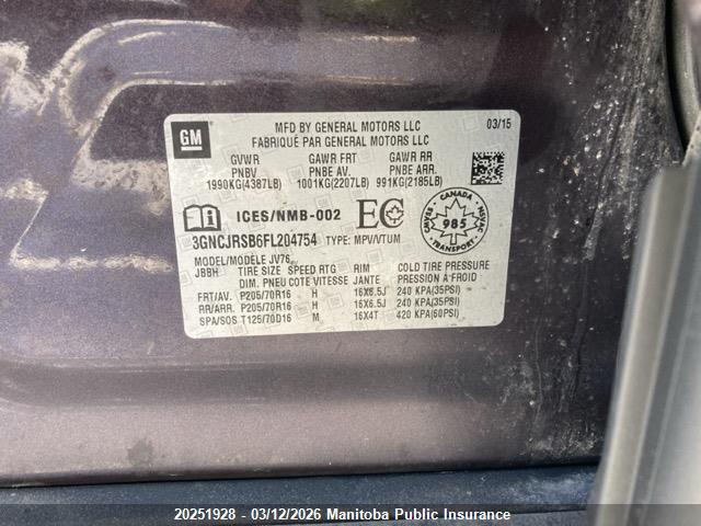 20251928 :رقم المزاد ، 3GNCJRSB6FL204754 vin ، 2015 Chevrolet Trax Lt مزاد بيع