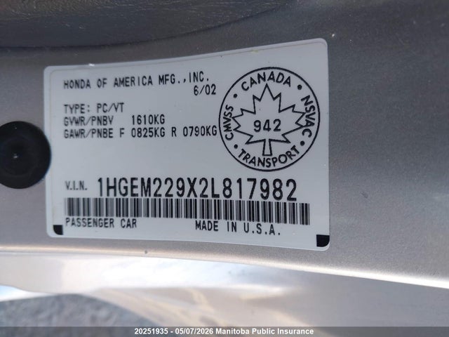 Продаж на аукціоні авто 2002 Honda Civic Si Si, vin: 1HGEM229X2L817982, номер лоту: 20251935