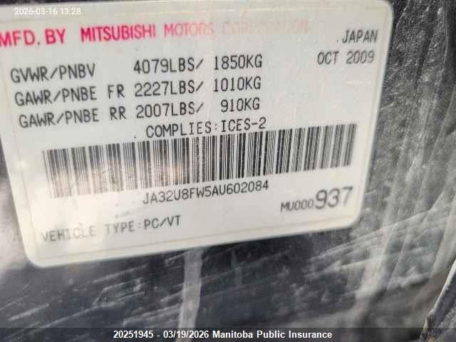 2010 Mitsubishi Lancer Gts მანქანა იყიდება აუქციონზე, vin: JA32U8FW5AU602084, აუქციონის ნომერი: 20251945