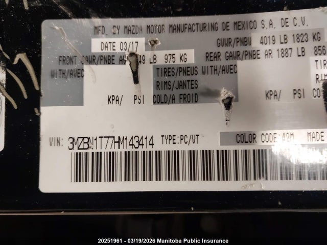3MZBN1T77HM143414 Mazda Mazda3 Se Sky