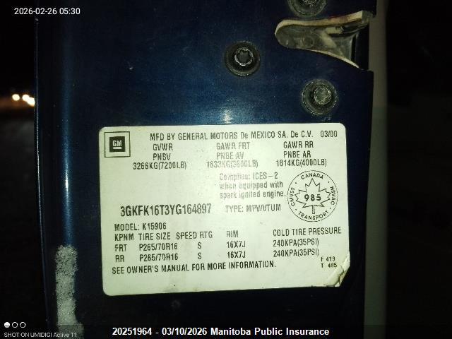 Aukcja sprzedaży 2000 Gmc Yukon Xl 1500 Slt, vin: 3GKFK16T3YG164897, numer aukcji: 20251964