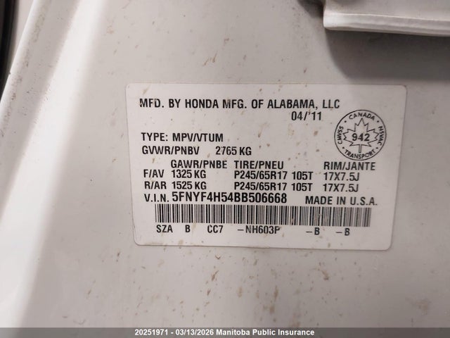 Aukcja sprzedaży 2011 Honda Pilot Ex-l, vin: 5FNYF4H54BB506668, numer aukcji: 20251971
