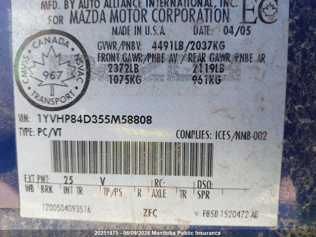 Продаж на аукціоні авто 2005 Mazda Mazda6 Sport S V6, vin: 1YVHP84D355M58808, номер лоту: 20251975