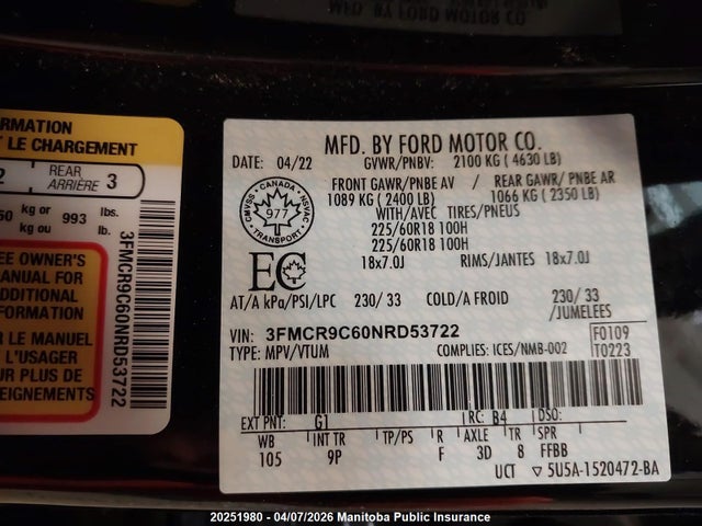 3FMCR9C60NRD53722 Ford Bronco Sport Outer Banks