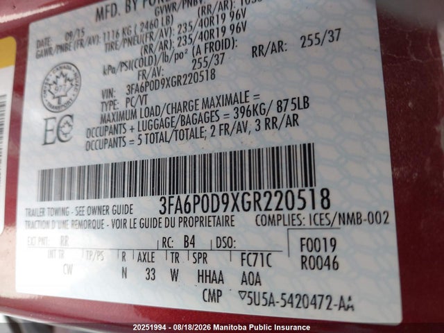Продаж на аукціоні авто 2016 Ford Fusion Titanium, vin: 3FA6P0D9XGR220518, номер лоту: 20251994