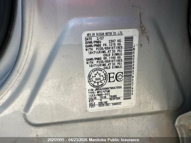 2007 Nissan Murano Se მანქანა იყიდება აუქციონზე, vin: JN8AZ08WX7W647956, აუქციონის ნომერი: 20251995