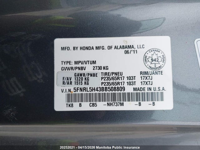 Aukcja sprzedaży 2011 Honda Odyssey Ex, vin: 5FNRL5H43BB508809, numer aukcji: 20252021