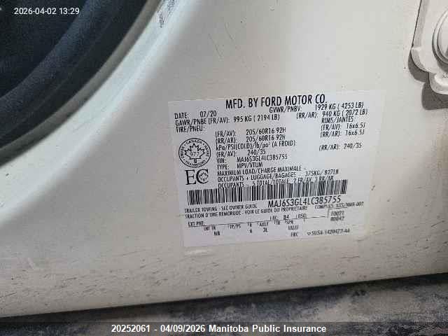 20252061 :رقم المزاد ، MAJ6S3GL4LC385755 vin ، 2020 Ford Ecosport Se مزاد بيع