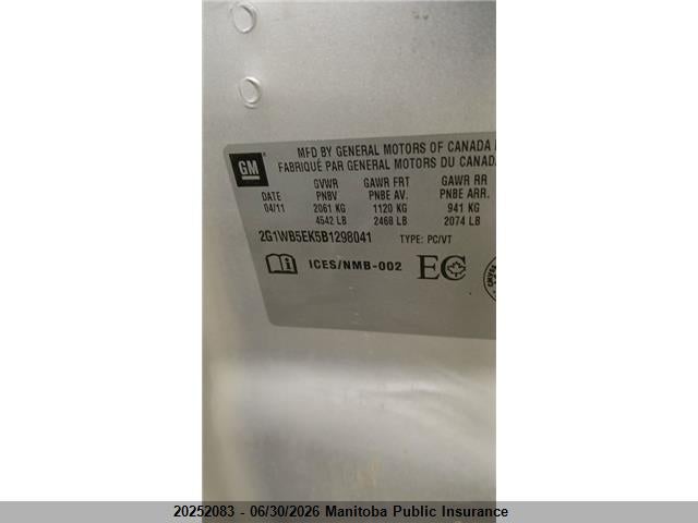 20252083 :رقم المزاد ، 2G1WB5EK5B1298041 vin ، 2011 Chevrolet Impala Lt V6 مزاد بيع