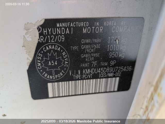 Продаж на аукціоні авто 2009 Hyundai Elantra Gl, vin: KMHDU45D89U725436, номер лоту: 20252099