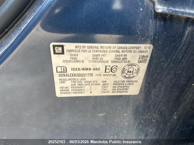 20252103 :رقم المزاد ، 2GNALCEK2G6221776 vin ، 2016 Chevrolet Equinox Lt مزاد بيع