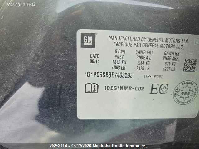 Aukcja sprzedaży 2014 Chevrolet Cruze Lt Turbo, vin: 1G1PC5SB8E7463593, numer aukcji: 20252114