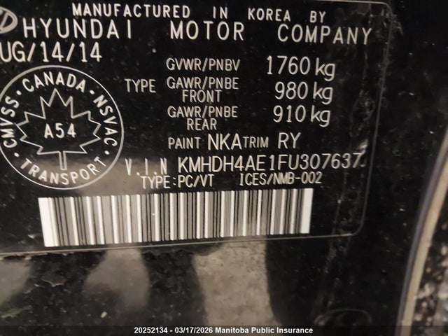 KMHDH4AE1FU307637 Hyundai ELANTRA SE