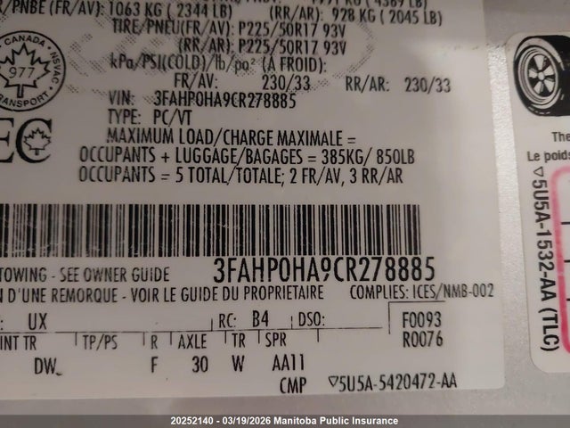 Продаж на аукціоні авто 2012 Ford Fusion Se, vin: 3FAHP0HA9CR278885, номер лоту: 20252140