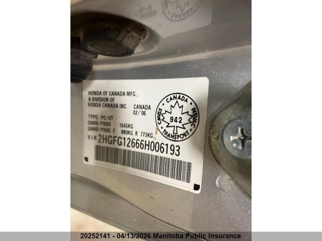 Aukcja sprzedaży 2006 Honda Civic Dx, vin: 2HGFG12666H006193, numer aukcji: 20252141