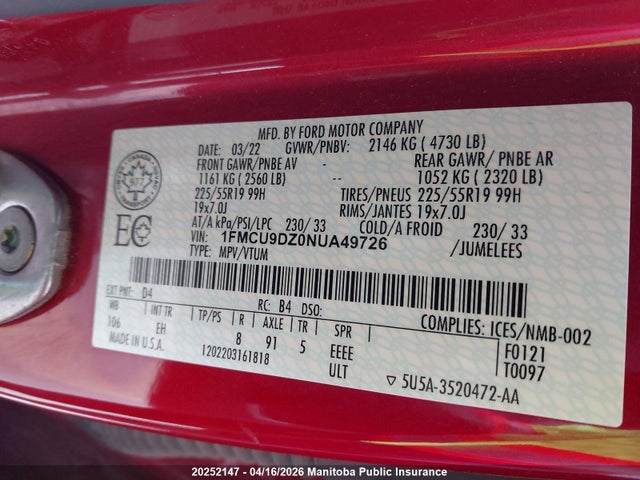 1FMCU9DZ0NUA49726 Ford Escape Titanium Hybrid