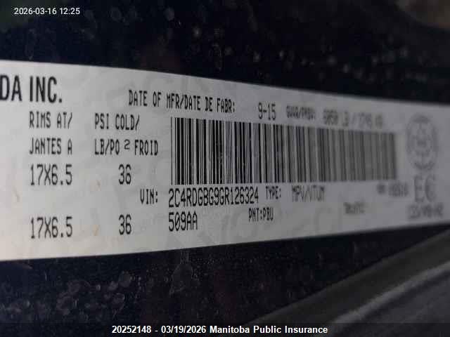 Aukcja sprzedaży 2016 Dodge Grand Caravan Sxt, vin: 2C4RDGBG9GR126324, numer aukcji: 20252148