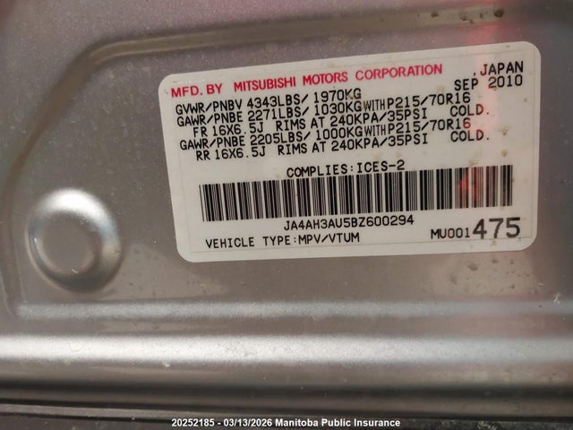 20252185 :رقم المزاد ، JA4AH3AU5BZ600294 vin ، 2011 Mitsubishi Rvr Se مزاد بيع