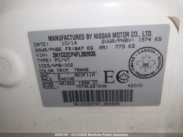 20252187 :رقم المزاد ، 3N1CE2CP4FL392935 vin ، 2015 Nissan Versa Note Sr مزاد بيع